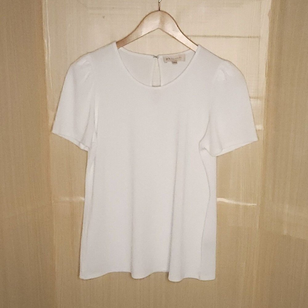 Philosophy Womens White Short Sleeve Stretchy Ruffle Sleeve Top Large